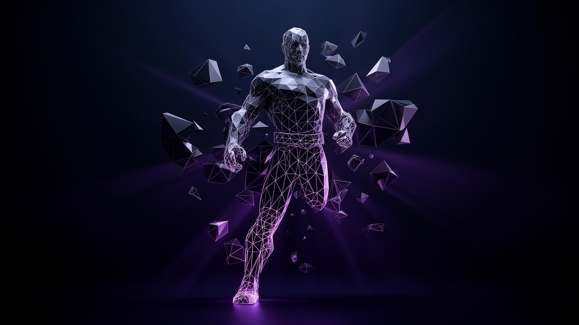 Abstract 3D wireframe figure with floating polygons in lavender light
